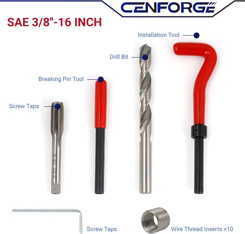 CENFORGE Store 3/8-16 Inch Helicoil Thread Repair Kit, SAE HSS Drill Helicoil Repair Kit for Rethreading Internal Threads with Carry Case, 15PCS - Image 1